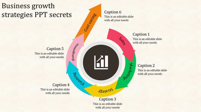 Cyclic growth strategy diagram template in blue with stages labeled as Planning, Management, Sales, Marketing, and Strategy.