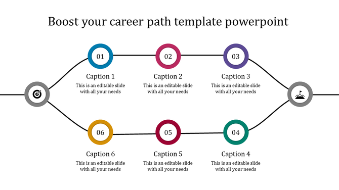 Career path slide showcasing six steps in a journey, each with caption placeholder text.