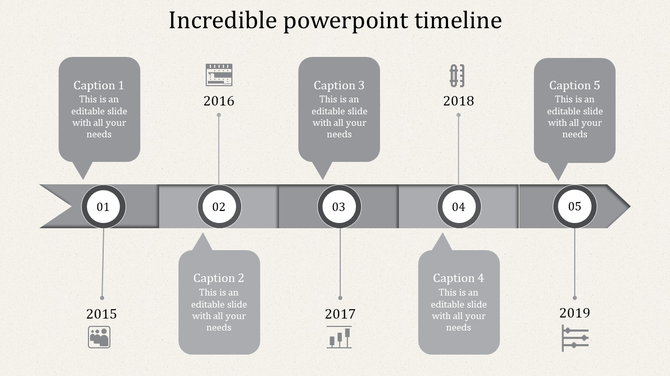 Horizontal timeline with multicolored circles labeled 20XX, connected by curved lines with captions areas above and below.
