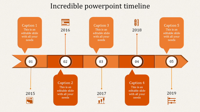 An orange themed timeline PowerPoint slide with numbered markers 1 to 5 for 2015 to 2019, each with icons and caption areas.