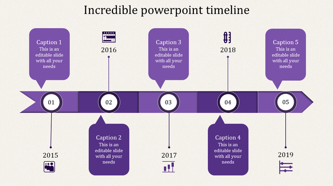 Grey ribbon timeline template with five circular nodes numbered 01 to 05, connected to years 2015-2019 and icons.