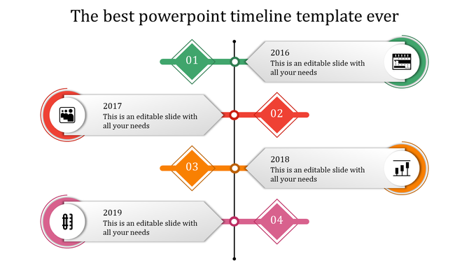 Timeline PPT template with colorful diamond shaped markers for 2016 to 2019, each year represented by an icon and caption.
