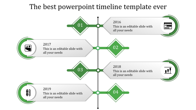 A timeline PPT template showing four stages, each with captions and a year from 2016 to 2019 with green color icons.