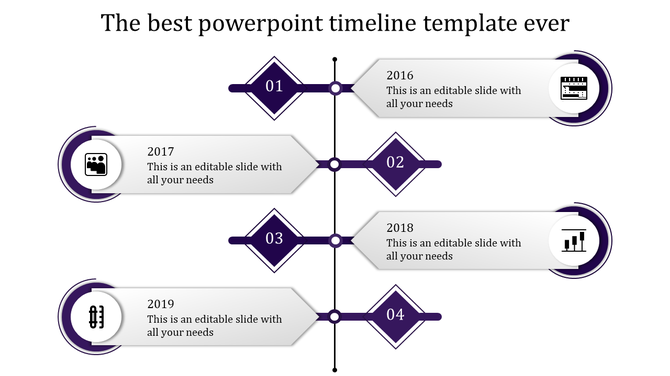 A timeline PPT template showing four stages, each with captions and a year from 2016 to 2019 with purple color icons.