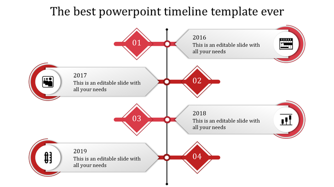 Grey vertical timeline template with diamond milestones and circular nodes, connected to horizontal text boxes with icons.