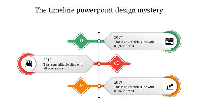 A timeline PPT template with years 2017 to 2019, each marked with a caption and a unique colorful icon.