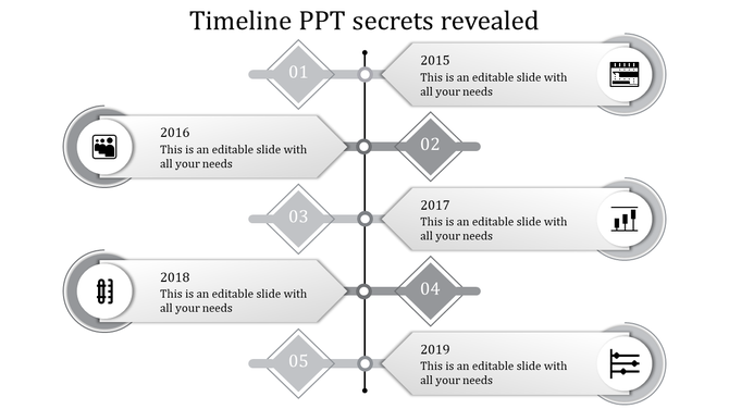 A monochrome timeline PowerPoint template with year markers, grey icons, and placeholders for content.