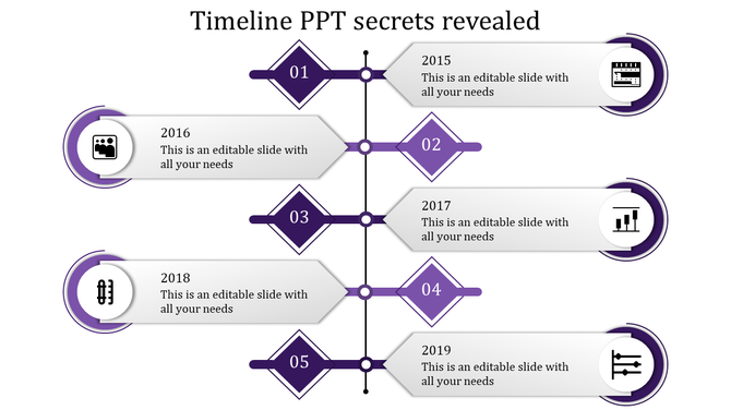 A monochrome timeline PowerPoint template with year markers, purple icons, and placeholders for content.