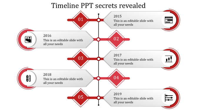 Vertical process timeline slide with numbered diamond shapes in vibrant colors linked to circular nodes and descriptive text boxes.