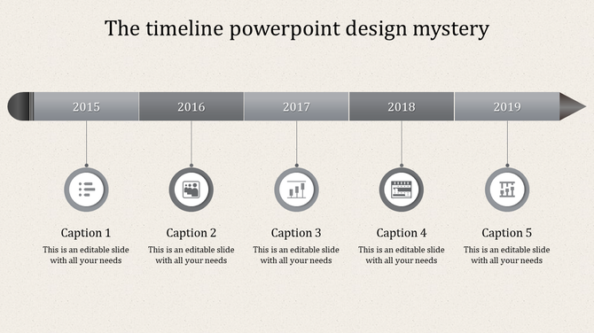 Timeline with gray arrows pointing to each year from 2015 to 2019, with circular icons and text areas below.