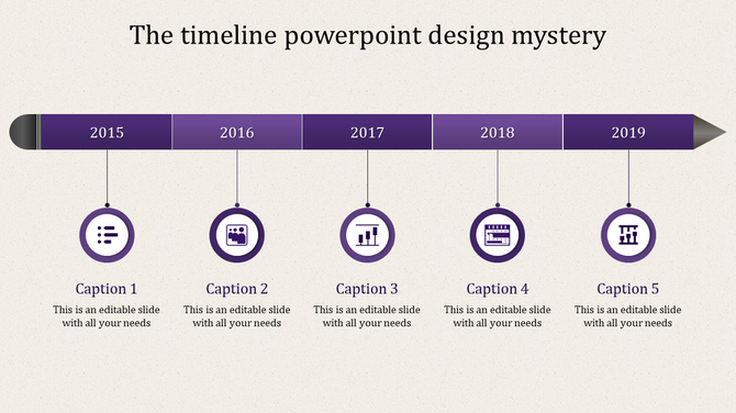 Timeline design with purple blocks for the years 2015 to 2019, featuring circular icons and placeholders for captions.
