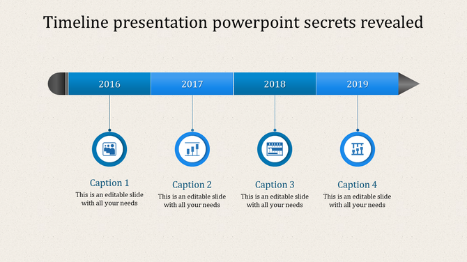 Blue themed timeline PowerPoint slide with circular markers for 2016 to 2019, each year with caption placeholders.