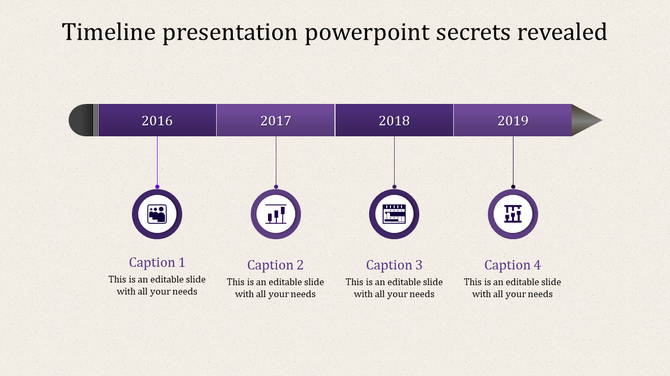 Horizontal purple timeline with icons and captions for years 2016 to 2019, ending in a pencil-like point.