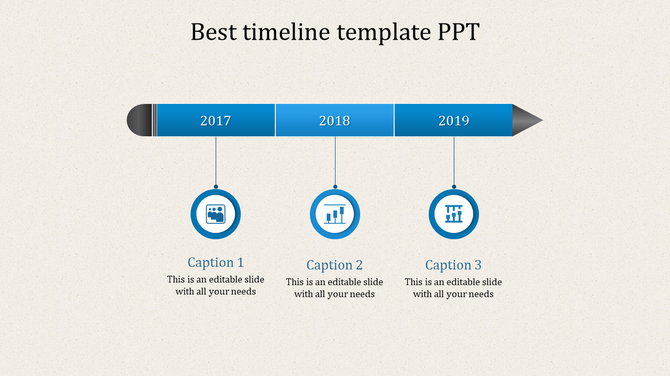 PPT timeline design slide with blue arrow markers for the years 2017 to 2019, each year marked with an icon and captions.
