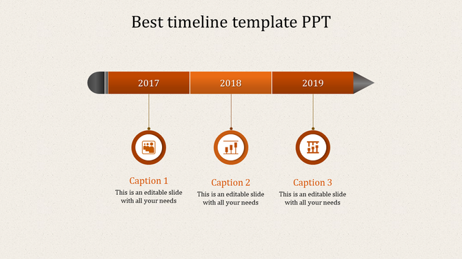 PPT timeline design slide with orange arrow markers for the years 2017 to 2019, each year marked with an icon and captions.