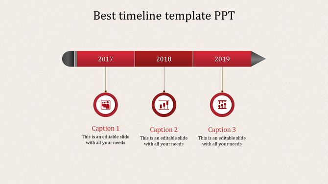 Timeline with red segments for the years 2017, 2018, and 2019, each marked with circular icons and captions.