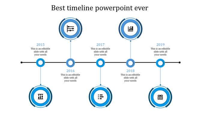 Timeline slide with five blue circular icons connected by a black horizontal line for different years.