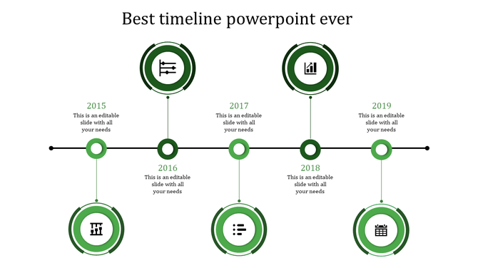 A green themed timeline PPT slide featuring years from 2015 to 2019 with circles marking key business milestones.