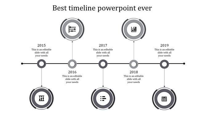 Horizontal timeline with yellow milestone markers, icons inside concentric circles, and alternating placeholders text areas. 