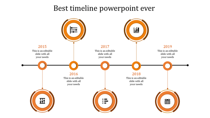 An orange themed timeline PPT slide featuring years from 2015 to 2019 with circles marking key business milestones.