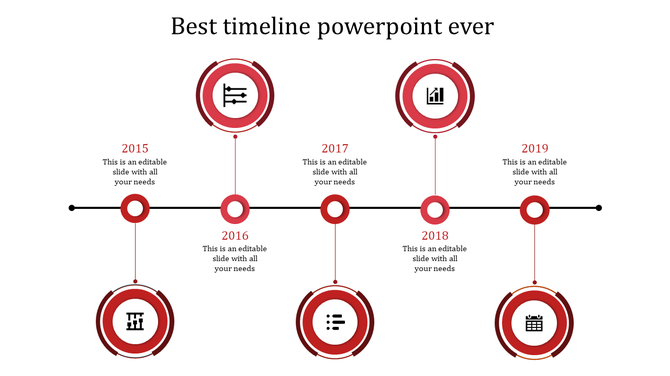 Timeline infographic with five red circular icons, in a structured layout, each with year based milestones.