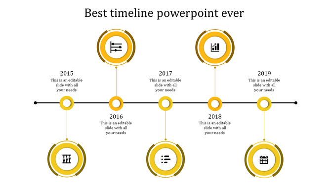 A yellow themed timeline PPT slide from 2015 to 2019, featuring circles for business milestones with icons.