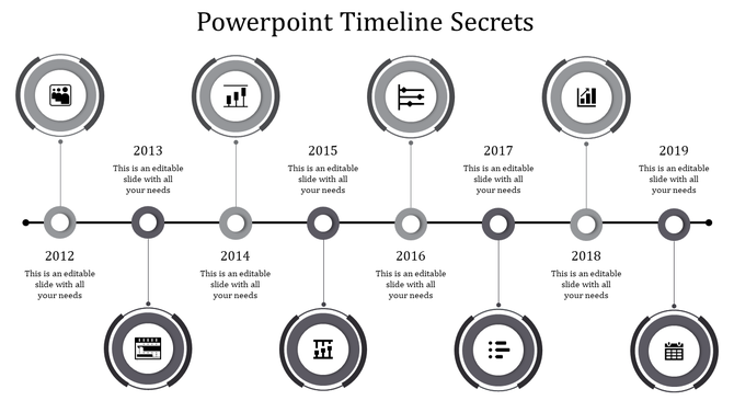 A PPT timeline slide with years from 2012 to 2019, each marked with a grey circle containing various icons and text.
