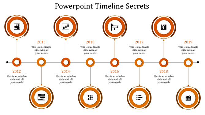 Horizontal timeline with circular blue milestones from 2012 to 2019, each linked to icons and placeholder text areas.