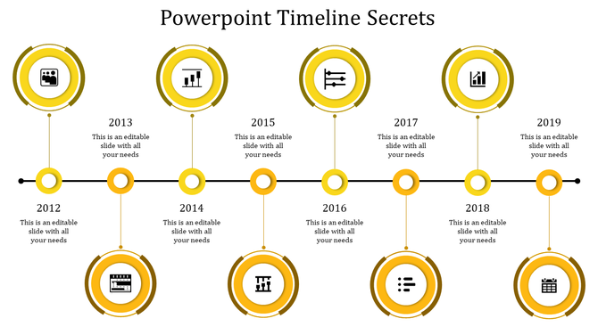 Horizontal timeline with orange milestone markers, icons inside circles, and alternating text placeholders for each year.