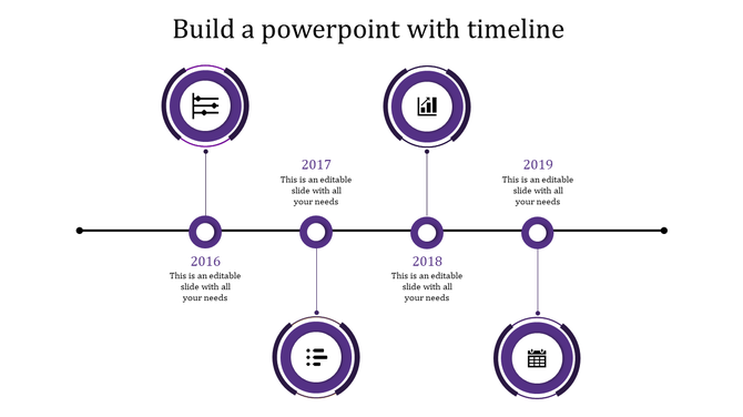 A timeline PPT slide for the years 2016 to 2019, featuring purple colored circles with icons and placeholder text.