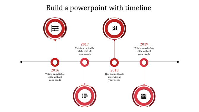 Business timeline infographic with multicolored circular markers, icons inside rings, and placeholders text areas.