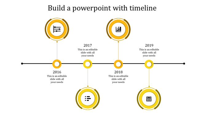 Timeline with four yellow circular icons, on a black horizontal line, and text labels for year from 2016 to 2019.