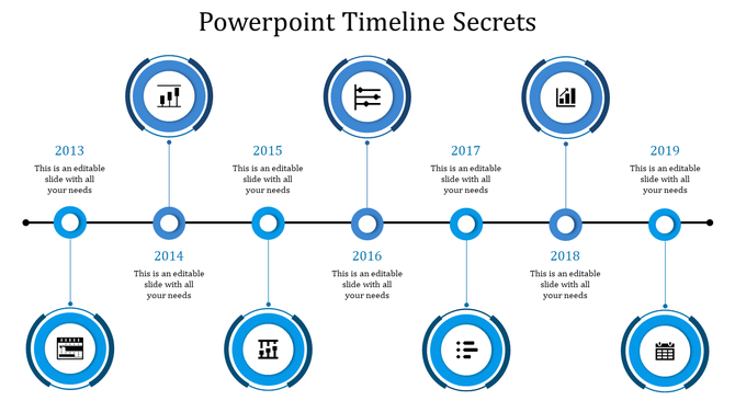 A blue themed timeline PPT slide for the years 2013 to 2019, with icons representing various business milestones with text.