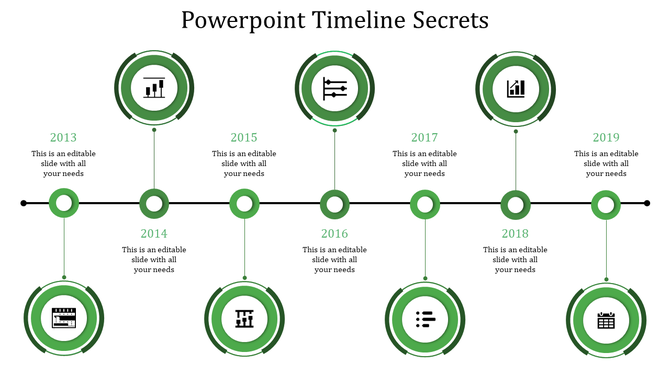 Red themed timeline from 2016 to 2019, featuring circular milestones with icons and alternating placeholder text areas.