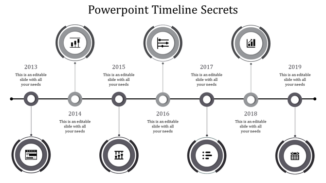 Gray themed timeline template with seven circular icons, on a black horizontal line, and milestone labels in sequence.