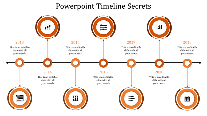 A slide showing a horizontal timeline with eight key years marked by circular icons, connected through a central line.
