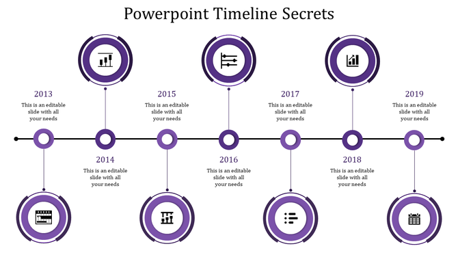 Business timeline infographic with green circular markers, icons inside rings, and  placeholders text areas above. 
