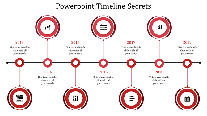 A timeline PPT template with circular markers for each year, from 2013 to 2019, with business related icons and text area.