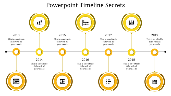 Timeline design with seven yellow circular icons, on a black connecting line, each with text placeholders.