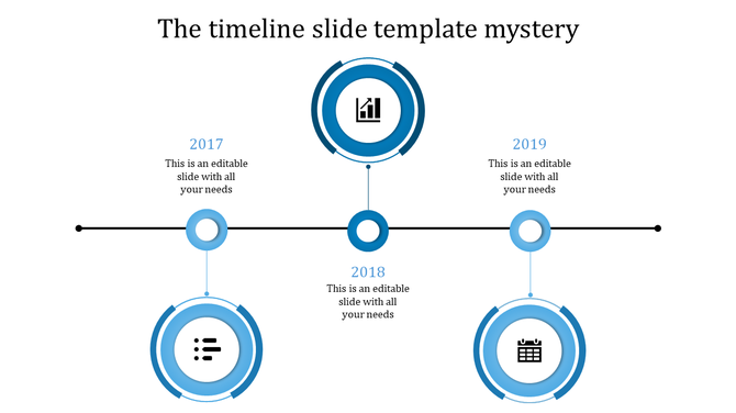 A timeline PPT template from 2017 to 2019, featuring milestones with blue color icons for business use with placeholder text.
