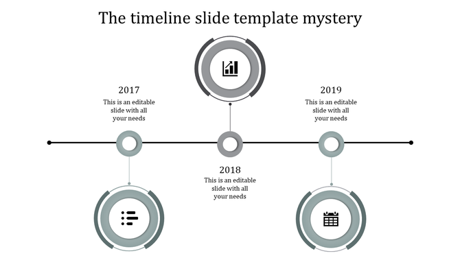 Timeline design with gray circular elements connected by a black horizontal line, marking milestones from 2017 to 2019.