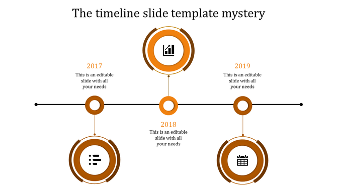 A timeline PPT template from 2017 to 2019, featuring milestones with orange color icons with placeholder text.