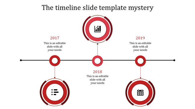 Horizontal timeline with red circular markers for 2017, 2018, and 2019, featuring icons, in a minimalist design.