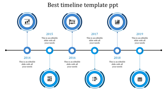 Business timeline infographic with green circular markers, icons inside rings, and placeholders text above. 