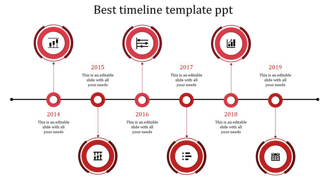 Modern timeline infographic with color-coded circular milestones, icons, and placeholder text arranged alternately.