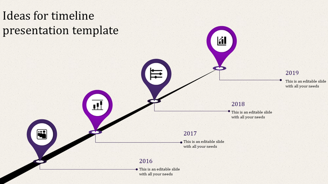 Timeline presentation template with year markers from 2016 to 2019, each represented by purple location pins with icons.