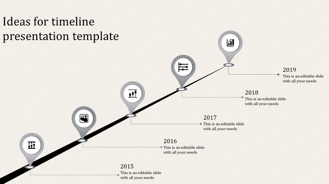 Orange pentagon timeline with years 2013 to 2019, each pentagon outlined in yellow and connected by vertical lines