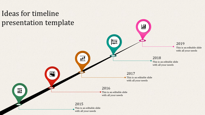 Timeline with map pins in green, red, orange, teal, and pink, marking years from 2015 to 2019 along an ascending black path.