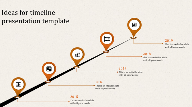 Timeline PowerPoint template with orange location pins for 2015 to 2019, each containing an icon and caption.