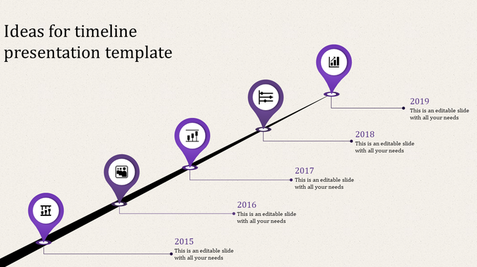 Diagonal timeline with monochrome location pins, each containing icons and linked to year labels from 2015 to 2019.